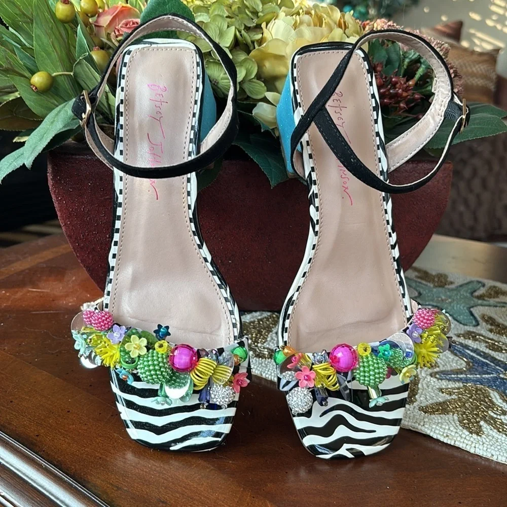 BETSEY JOHNSON Black Embellished Ankle Strap Open Toe Block Heel Beaded Sandals